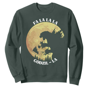 Funny Christmas Godzilla Sweatshirt Falalala Godzil La Santa Reindeers Xmas Japanese Monster TS11 Dark Forest Green Print Your Wear