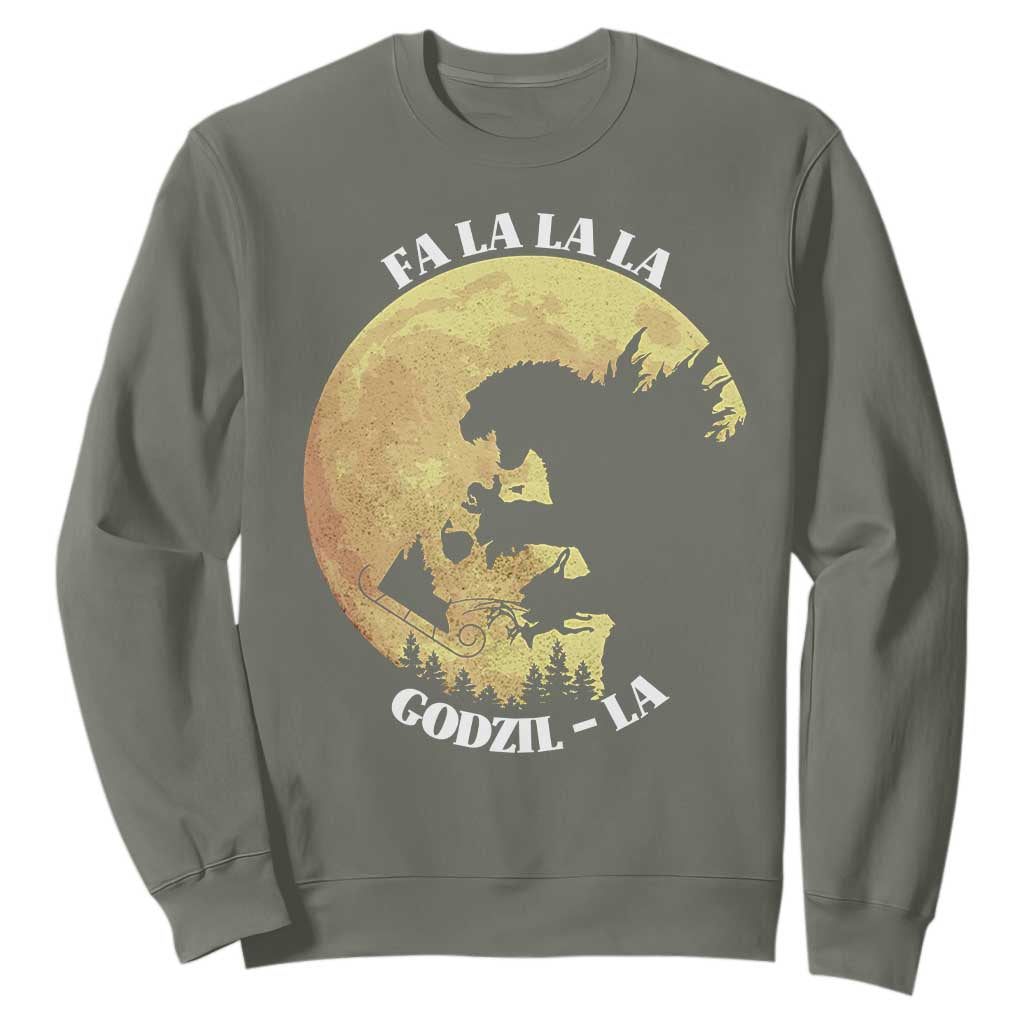 Funny Christmas Godzilla Sweatshirt Falalala Godzil La Santa Reindeers Xmas Japanese Monster TS11 Military Green Print Your Wear