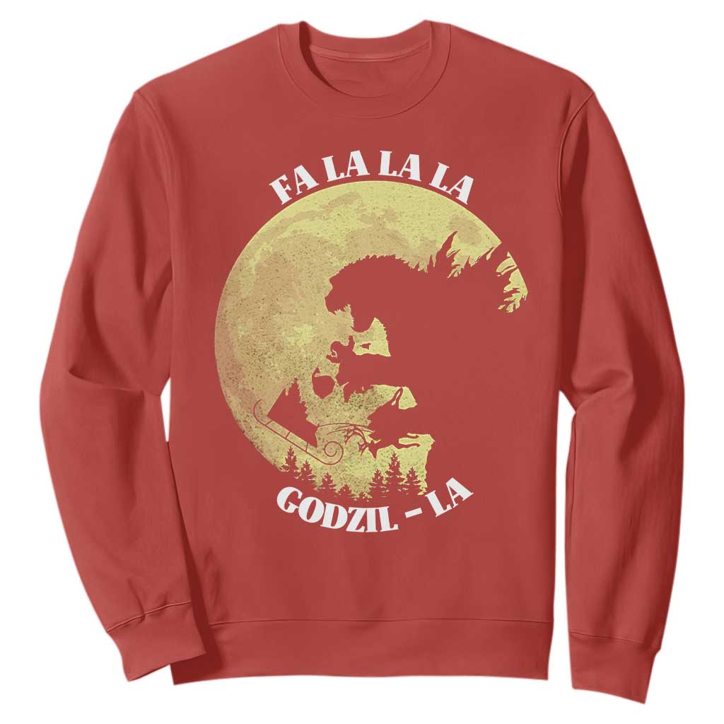 Funny Christmas Godzilla Sweatshirt Falalala Godzil La Santa Reindeers Xmas Japanese Monster TS11 Red Print Your Wear