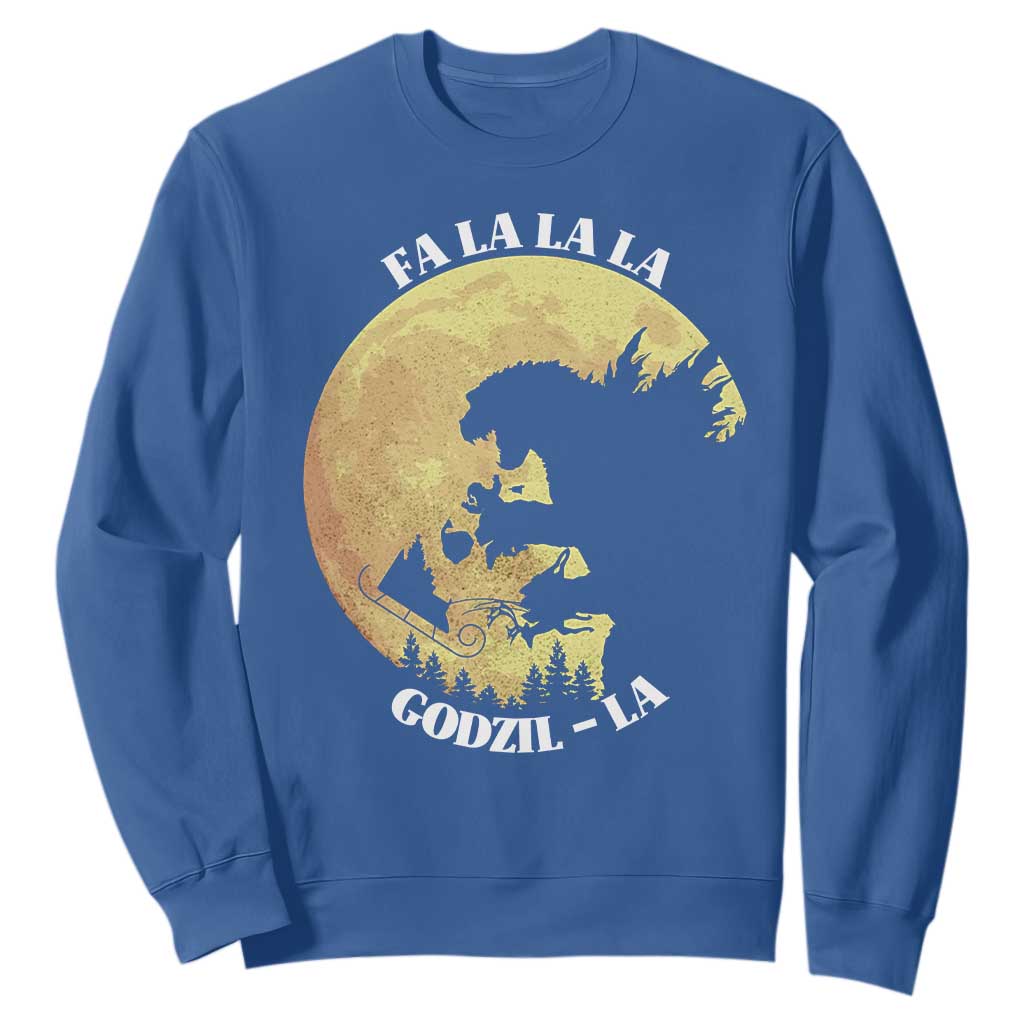 Funny Christmas Godzilla Sweatshirt Falalala Godzil La Santa Reindeers Xmas Japanese Monster TS11 Royal Blue Print Your Wear