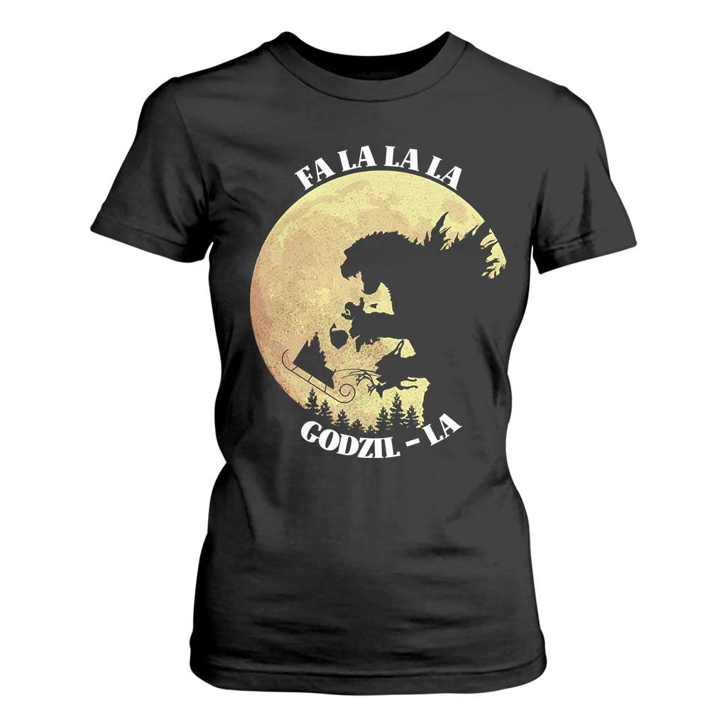 Funny Christmas Godzilla T Shirt For Women Falalala Godzil La Santa Reindeers Xmas Japanese Monster TS11 Black Print Your Wear