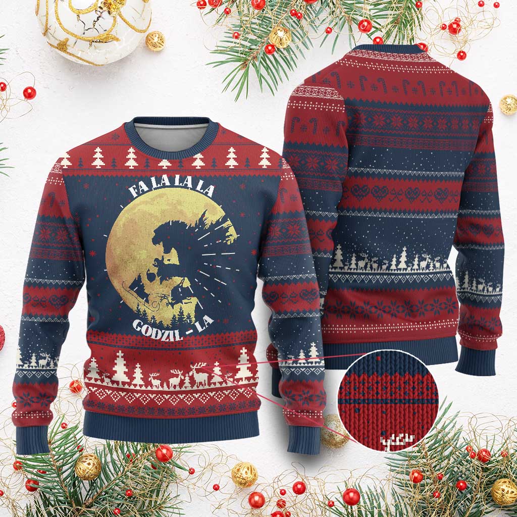 Funny Xmas Godzilla Ugly Christmas Sweater Falalala Godzil La Santa Reindeers Xmas Japanese Monster TS11 Burgundy Print Your Wear