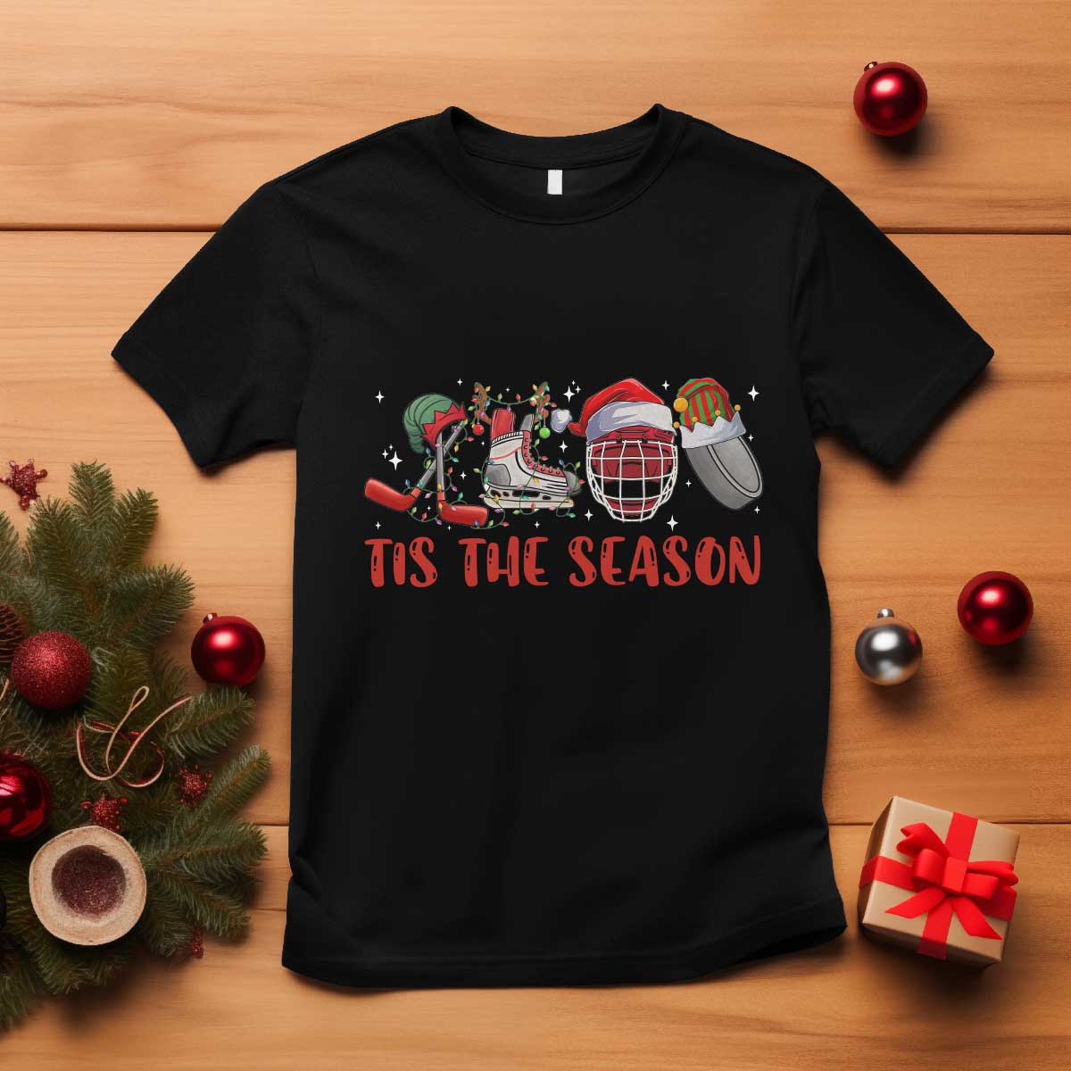 Funny Christmas Ice Hockey T Shirt Tis The Season Santa Elf Hat Hockey Equipment TS11 Black Print Your Wear