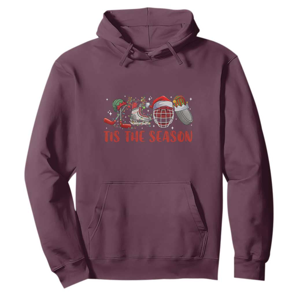 Funny Christmas Ice Hockey Hoodie Tis The Season Santa Elf Hat Hockey Equipment TS11 Maroon Print Your Wear