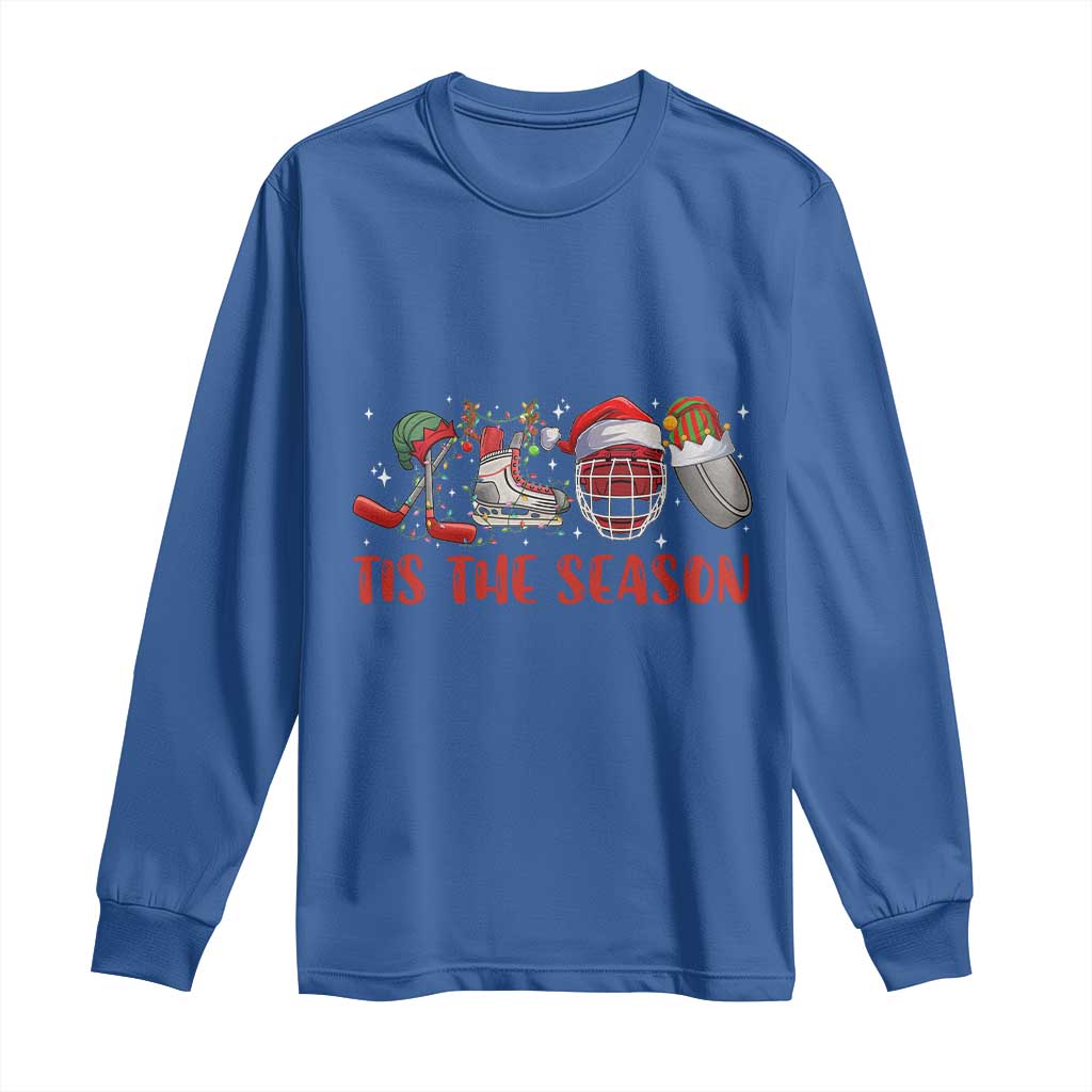 Funny Christmas Ice Hockey Long Sleeve Shirt Tis The Season Santa Elf Hat Hockey Equipment TS11 Royal Blue Print Your Wear