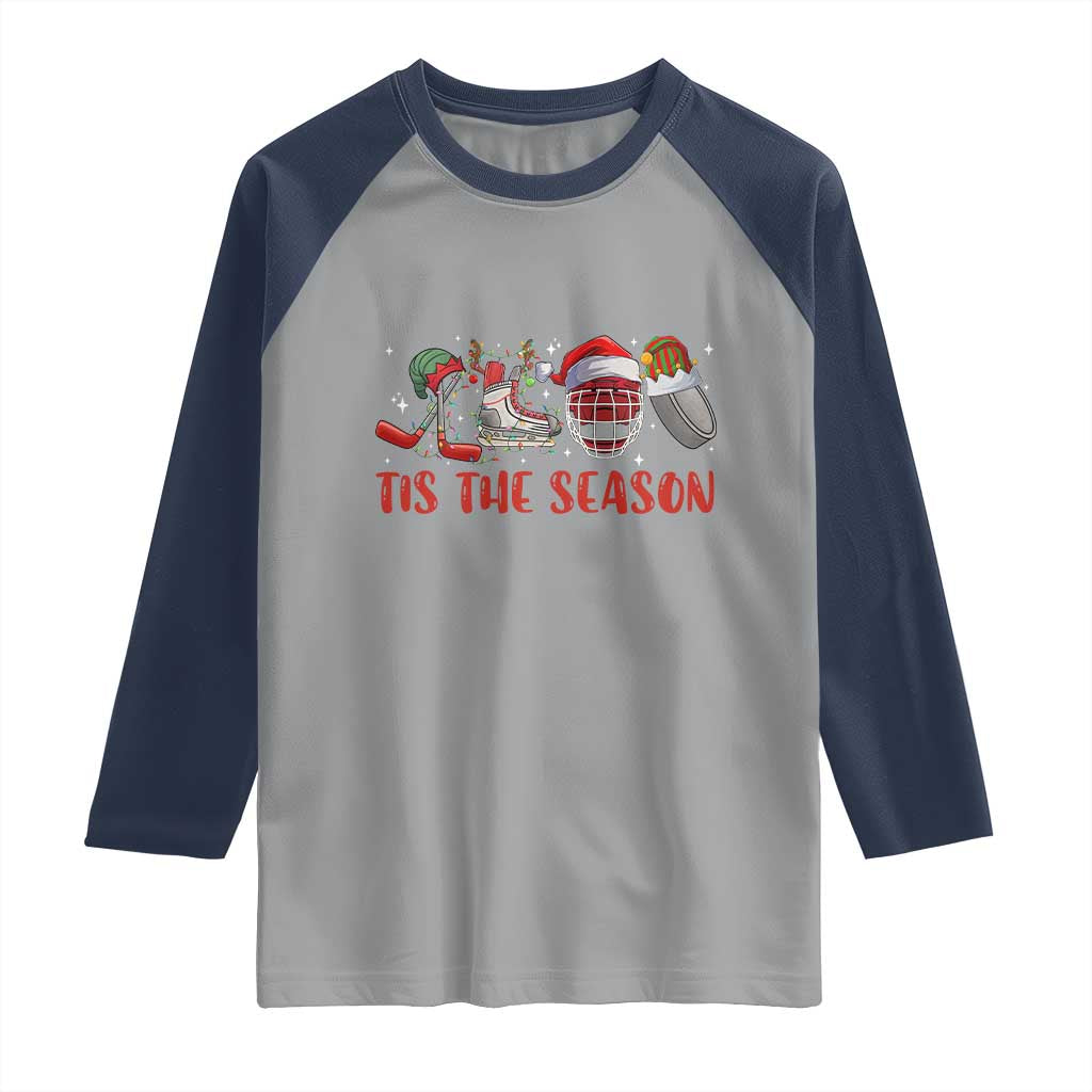 Funny Christmas Ice Hockey Raglan Shirt Tis The Season Santa Elf Hat Hockey Equipment TS11 Sport Gray Navy Print Your Wear