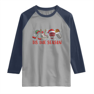Funny Christmas Ice Hockey Raglan Shirt Tis The Season Santa Elf Hat Hockey Equipment TS11 Sport Gray Navy Print Your Wear