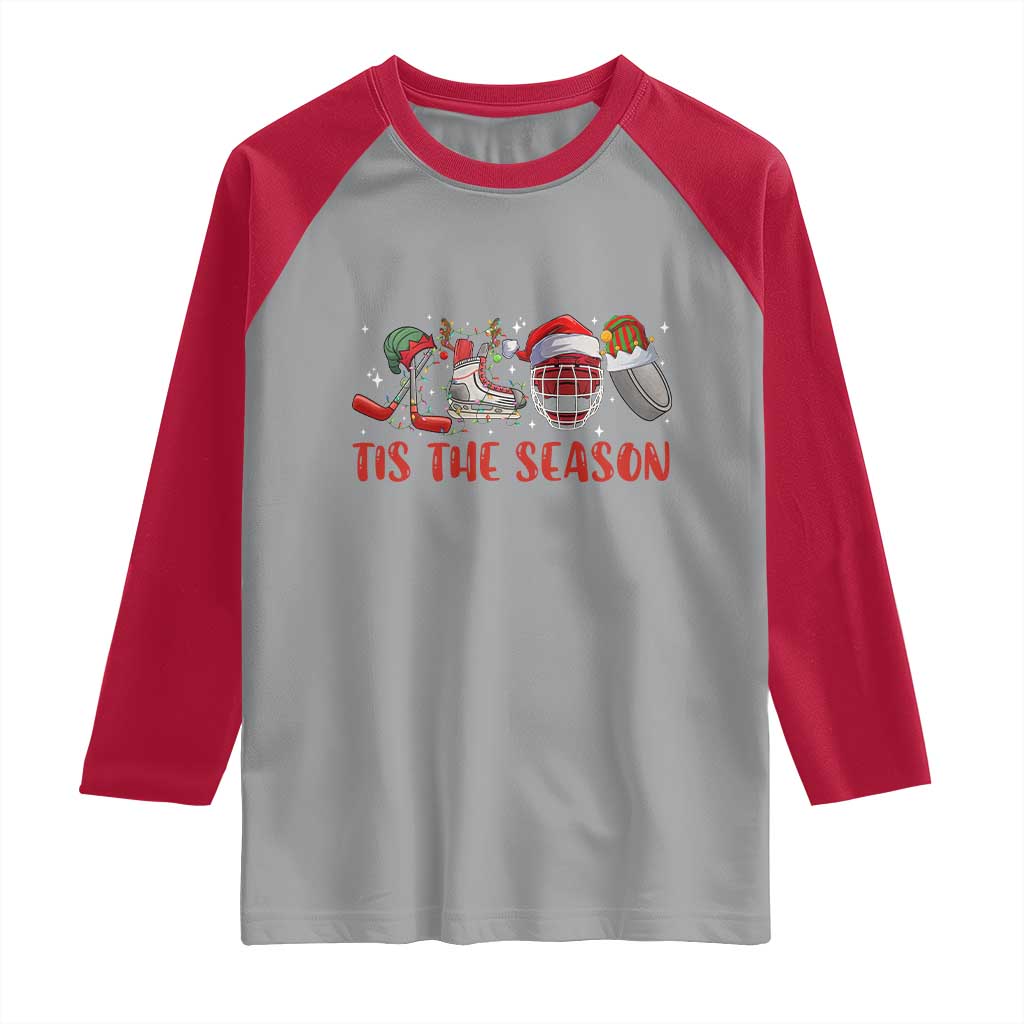 Funny Christmas Ice Hockey Raglan Shirt Tis The Season Santa Elf Hat Hockey Equipment TS11 Sport Gray Red Print Your Wear