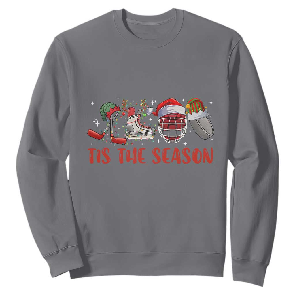 Funny Christmas Ice Hockey Sweatshirt Tis The Season Santa Elf Hat Hockey Equipment TS11 Charcoal Print Your Wear