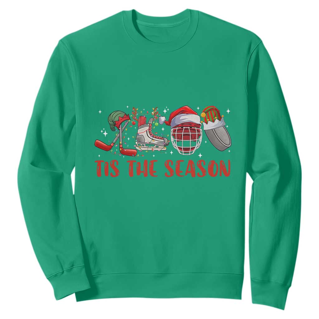 Funny Christmas Ice Hockey Sweatshirt Tis The Season Santa Elf Hat Hockey Equipment TS11 Irish Green Print Your Wear