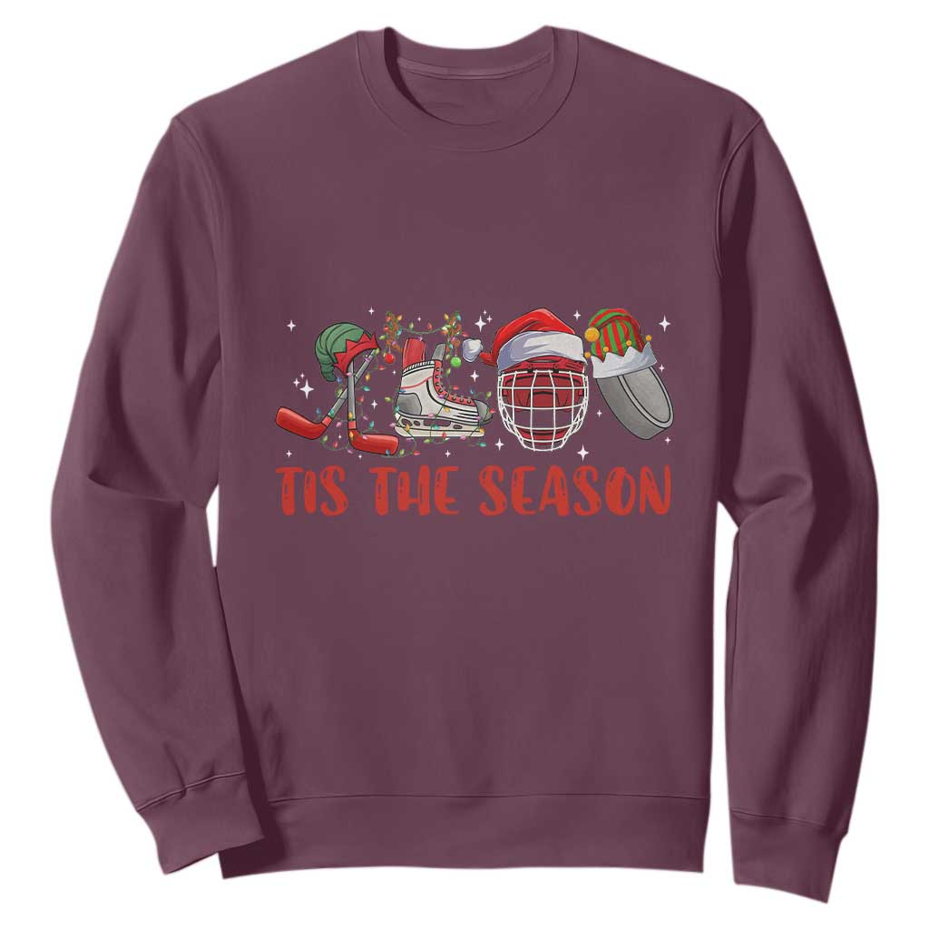 Funny Christmas Ice Hockey Sweatshirt Tis The Season Santa Elf Hat Hockey Equipment TS11 Maroon Print Your Wear