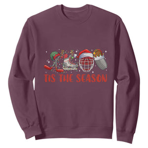 Funny Christmas Ice Hockey Sweatshirt Tis The Season Santa Elf Hat Hockey Equipment TS11 Maroon Print Your Wear
