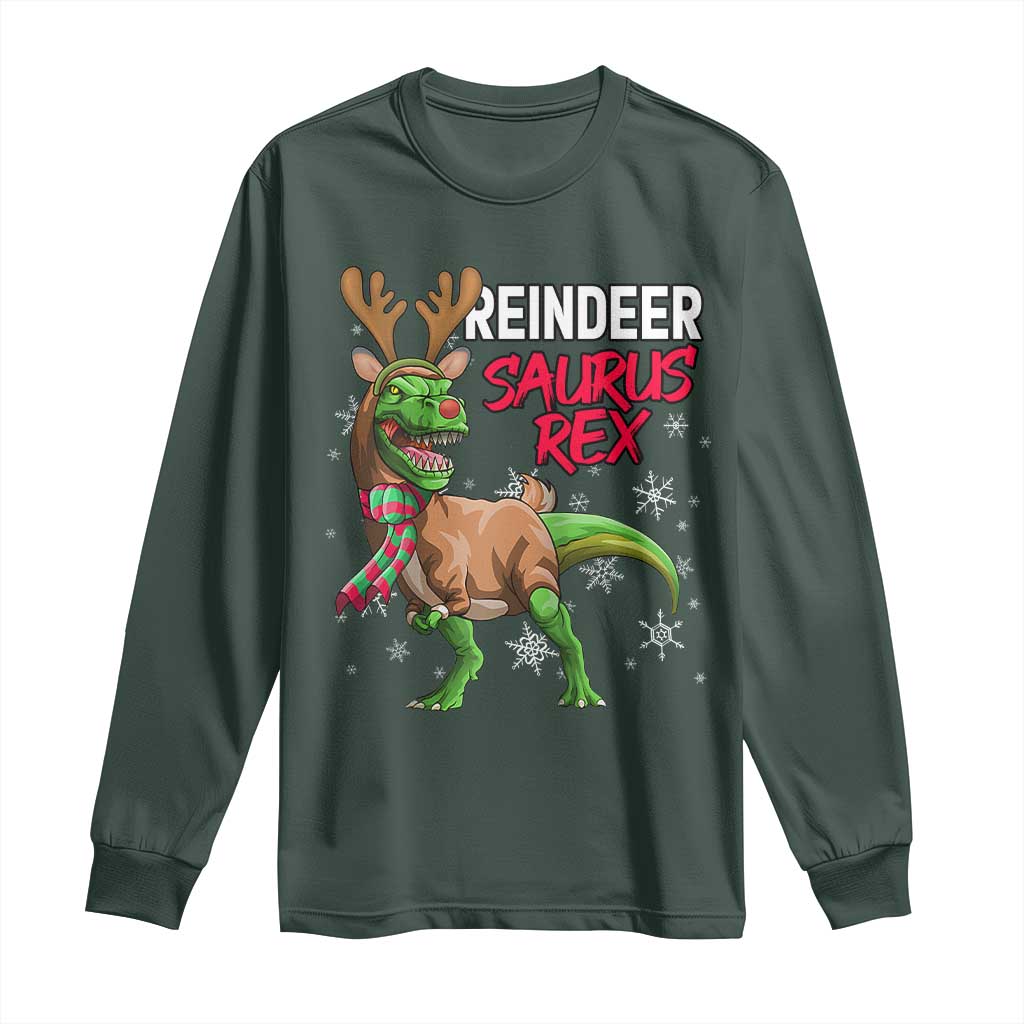 Funny Christmas Rex Dinosaur Long Sleeve Shirt Reindeer Saurus Rex Xmas Dinosaur TS11 Dark Forest Green Print Your Wear