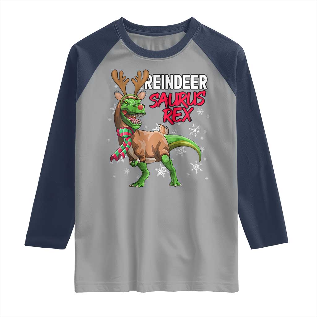 Funny Christmas Rex Dinosaur Raglan Shirt Reindeer Saurus Rex Xmas Dinosaur TS11 Sport Gray Navy Print Your Wear