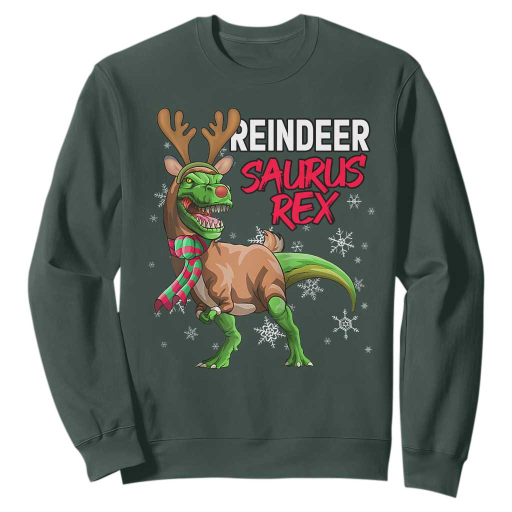 Funny Christmas Rex Dinosaur Sweatshirt Reindeer Saurus Rex Xmas Dinosaur TS11 Dark Forest Green Print Your Wear