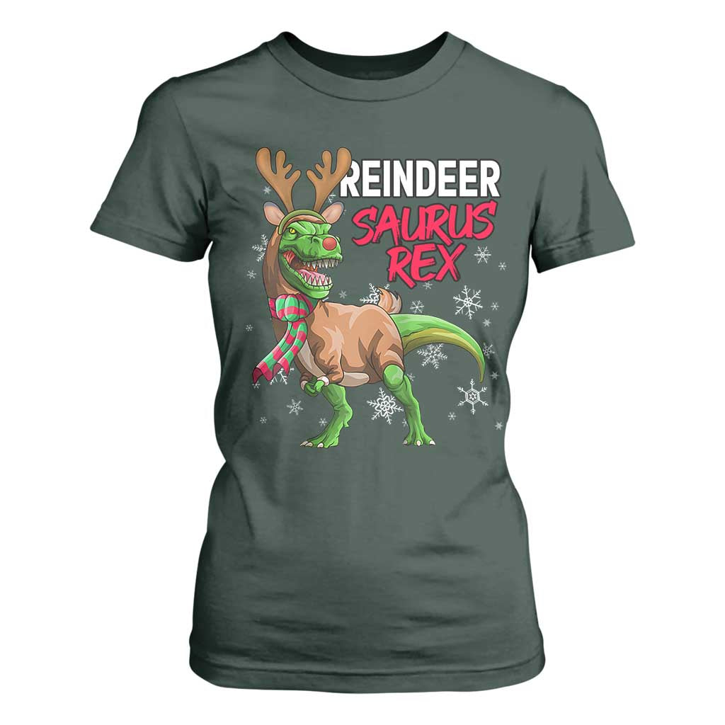 Funny Christmas Rex Dinosaur T Shirt For Women Reindeer Saurus Rex Xmas Dinosaur TS11 Dark Forest Green Print Your Wear