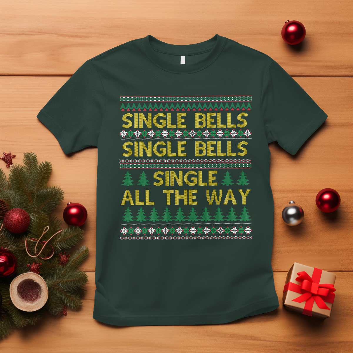 Funny Christmas Anti Couple T Shirt Single Bells Single All The Way TS11 Dark Forest Green Print Your Wear