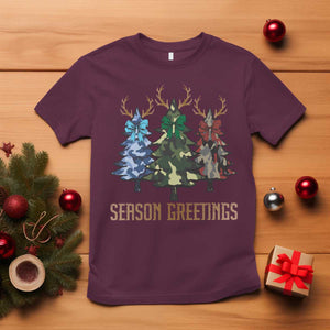 Funny Christmas Hunting T Shirt Season Greetings Camouflage Xmas Tree Reindeers TS11 Maroon Print Your Wear