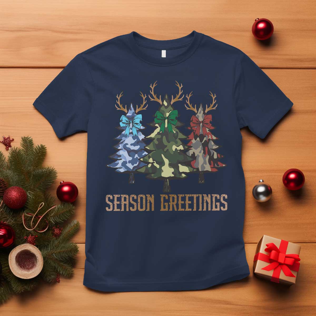 Funny Christmas Hunting T Shirt Season Greetings Camouflage Xmas Tree Reindeers TS11 Navy Print Your Wear