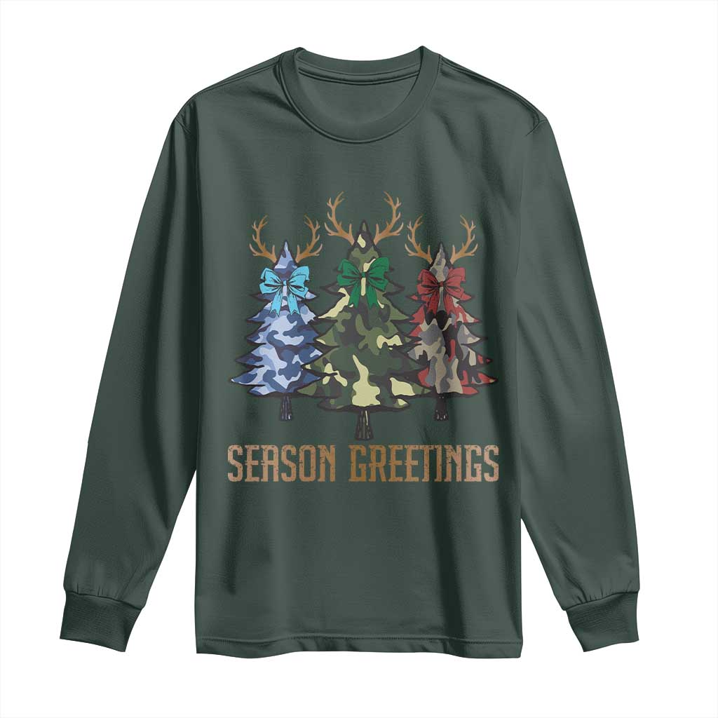 Funny Christmas Hunting Long Sleeve Shirt Season Greetings Camouflage Xmas Tree Reindeers TS11 Dark Forest Green Print Your Wear