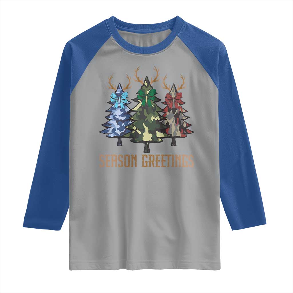 Funny Christmas Hunting Raglan Shirt Season Greetings Camouflage Xmas Tree Reindeers TS11 Sport Gray Royal Print Your Wear