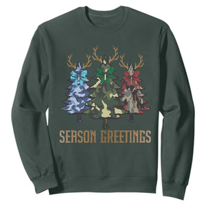 Funny Christmas Hunting Sweatshirt Season Greetings Camouflage Xmas Tree Reindeers TS11 Dark Forest Green Print Your Wear