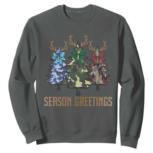 Funny Christmas Hunting Sweatshirt Season Greetings Camouflage Xmas Tree Reindeers TS11 Dark Heather Print Your Wear