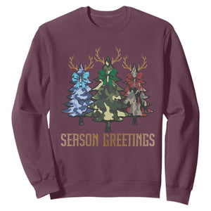 Funny Christmas Hunting Sweatshirt Season Greetings Camouflage Xmas Tree Reindeers TS11 Maroon Print Your Wear