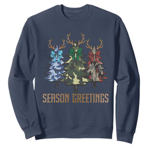 Funny Christmas Hunting Sweatshirt Season Greetings Camouflage Xmas Tree Reindeers TS11 Navy Print Your Wear