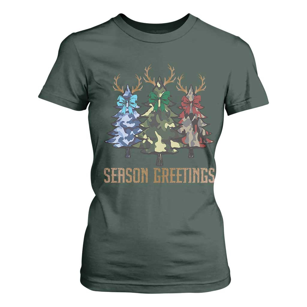 Funny Christmas Hunting T Shirt For Women Season Greetings Camouflage Xmas Tree Reindeers TS11 Dark Forest Green Print Your Wear