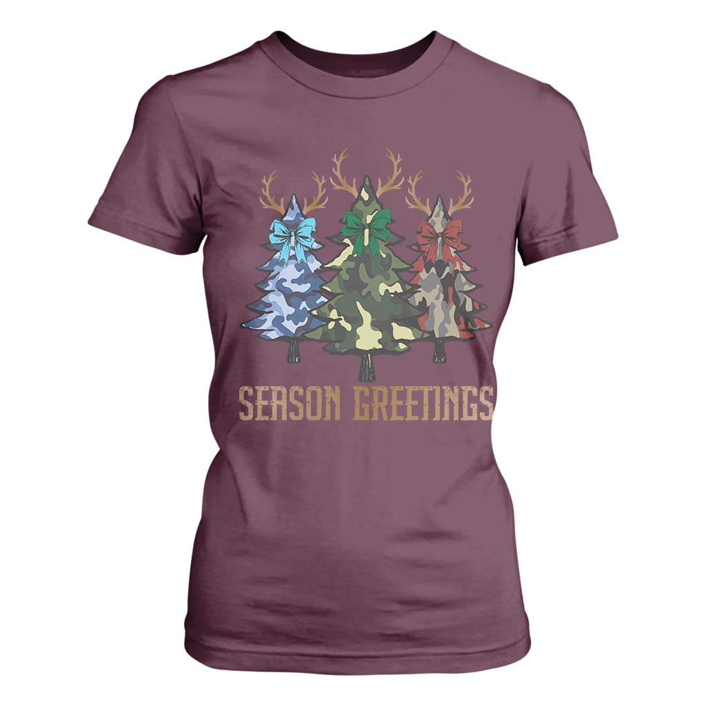 Funny Christmas Hunting T Shirt For Women Season Greetings Camouflage Xmas Tree Reindeers TS11 Maroon Print Your Wear