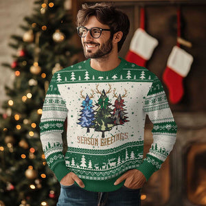 Funny Xmas Hunting Ugly Christmas Sweater Season Greetings Camouflage Xmas Tree Reindeers TS11 Green Print Your Wear