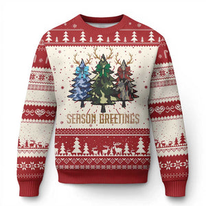 Funny Xmas Hunting Ugly Christmas Sweater Season Greetings Camouflage Xmas Tree Reindeers TS11 Red Print Your Wear
