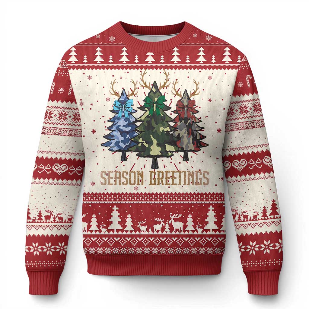 Funny Xmas Hunting Ugly Christmas Sweater Season Greetings Camouflage Xmas Tree Reindeers TS11 Red Print Your Wear