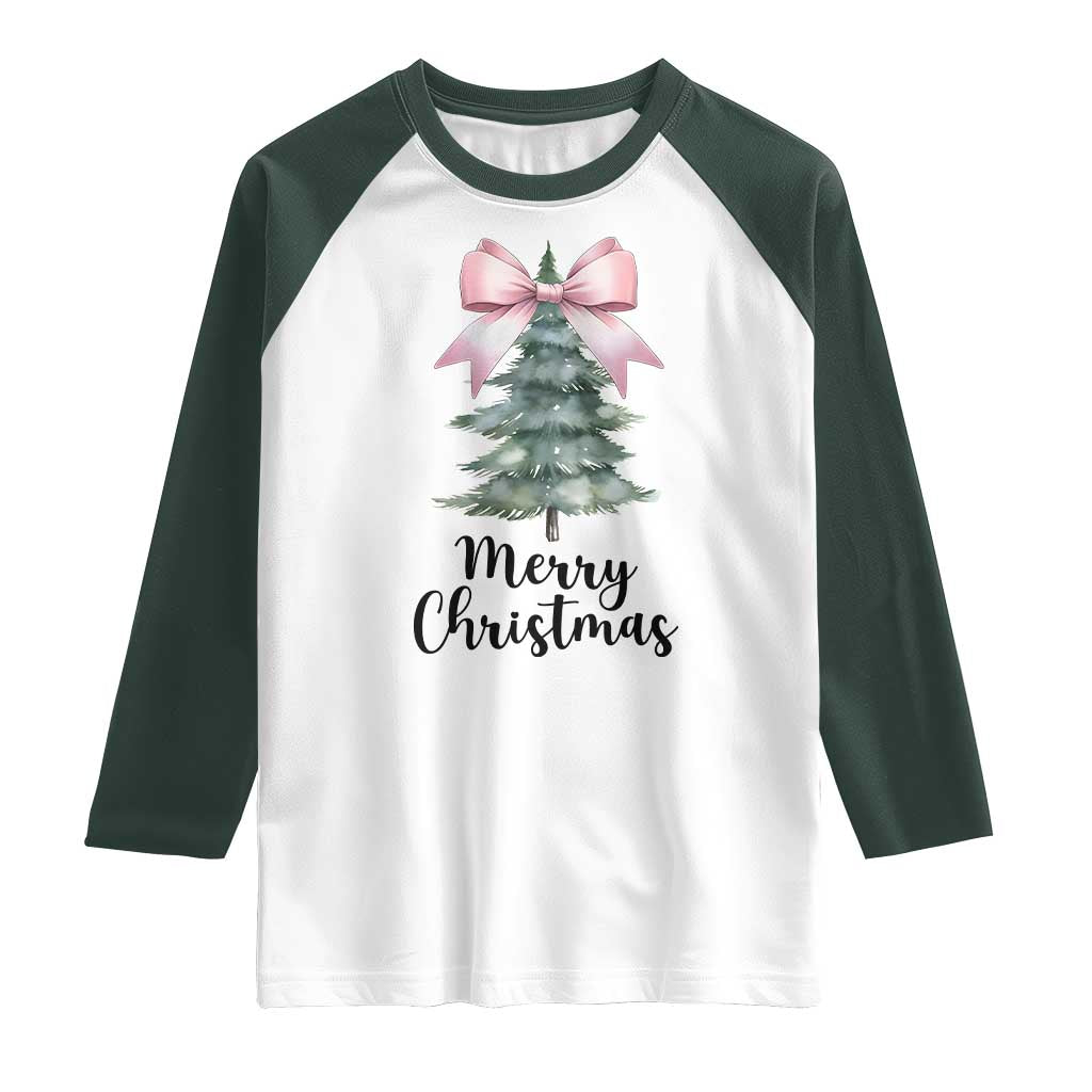 Funny Coquette Merry Christmas Raglan Shirt Pink Bow Xmas Tree TS11 White Dark Forest Green Print Your Wear