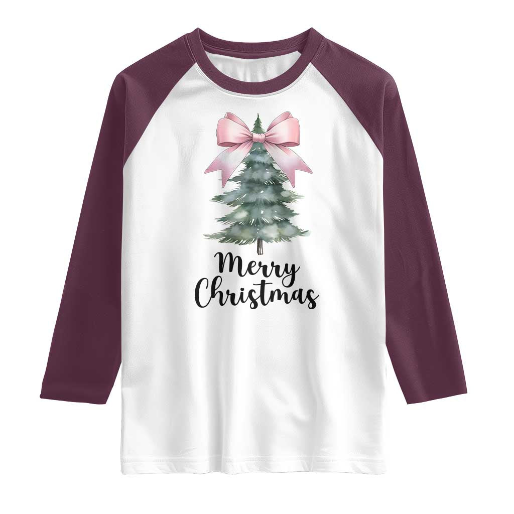 Funny Coquette Merry Christmas Raglan Shirt Pink Bow Xmas Tree TS11 White Maroon Print Your Wear