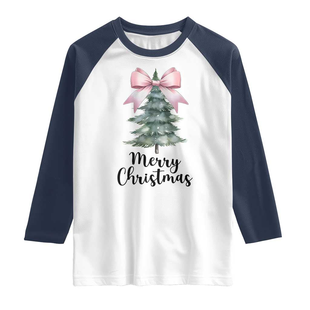 Funny Coquette Merry Christmas Raglan Shirt Pink Bow Xmas Tree TS11 White Navy Print Your Wear