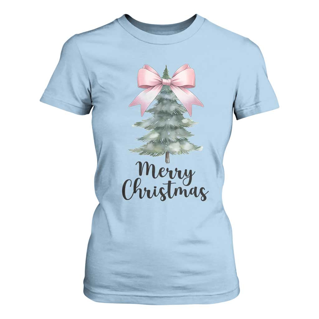 Funny Coquette Merry Christmas T Shirt For Women Pink Bow Xmas Tree TS11 Light Blue Print Your Wear