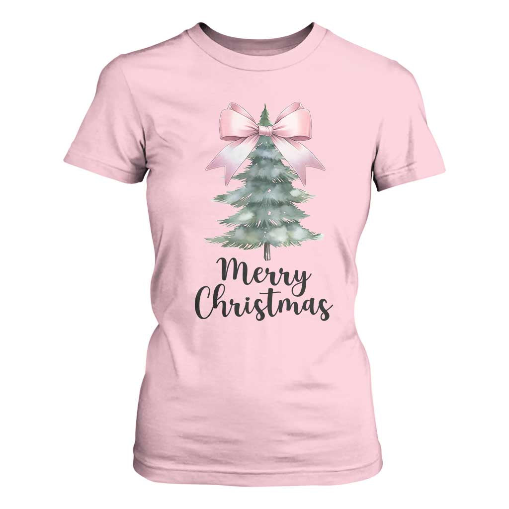 Funny Coquette Merry Christmas T Shirt For Women Pink Bow Xmas Tree TS11 Light Pink Print Your Wear