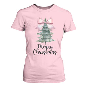 Funny Coquette Merry Christmas T Shirt For Women Pink Bow Xmas Tree TS11 Light Pink Print Your Wear