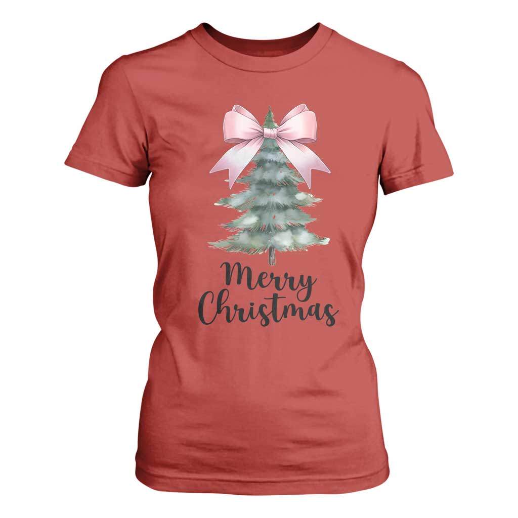 Funny Coquette Merry Christmas T Shirt For Women Pink Bow Xmas Tree TS11 Red Print Your Wear