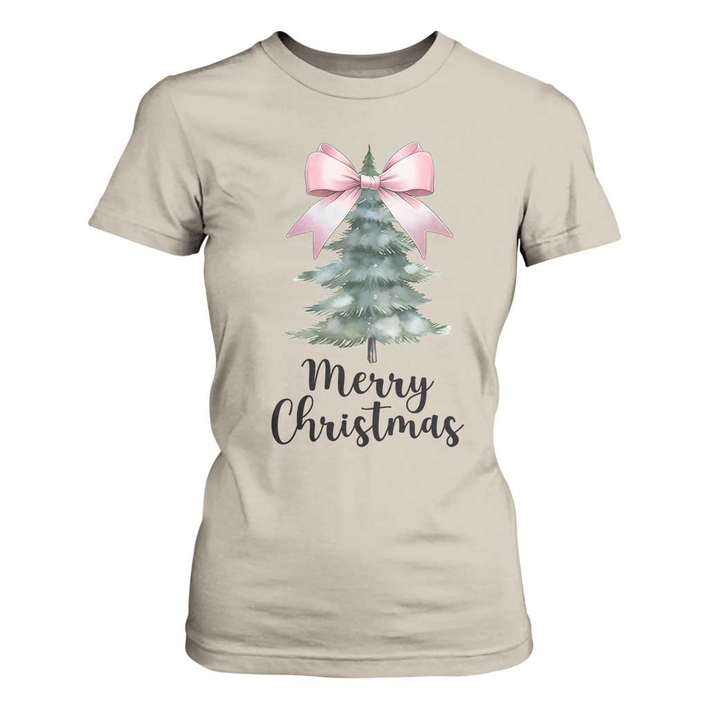 Funny Coquette Merry Christmas T Shirt For Women Pink Bow Xmas Tree TS11 Sand Print Your Wear