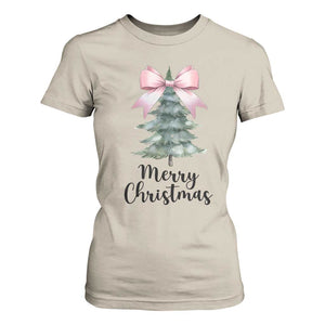 Funny Coquette Merry Christmas T Shirt For Women Pink Bow Xmas Tree TS11 Sand Print Your Wear