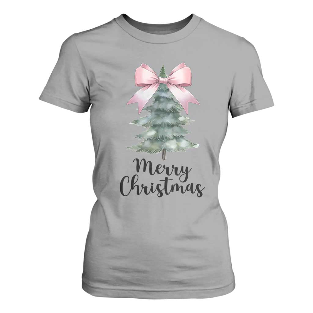 Funny Coquette Merry Christmas T Shirt For Women Pink Bow Xmas Tree TS11 Sport Gray Print Your Wear