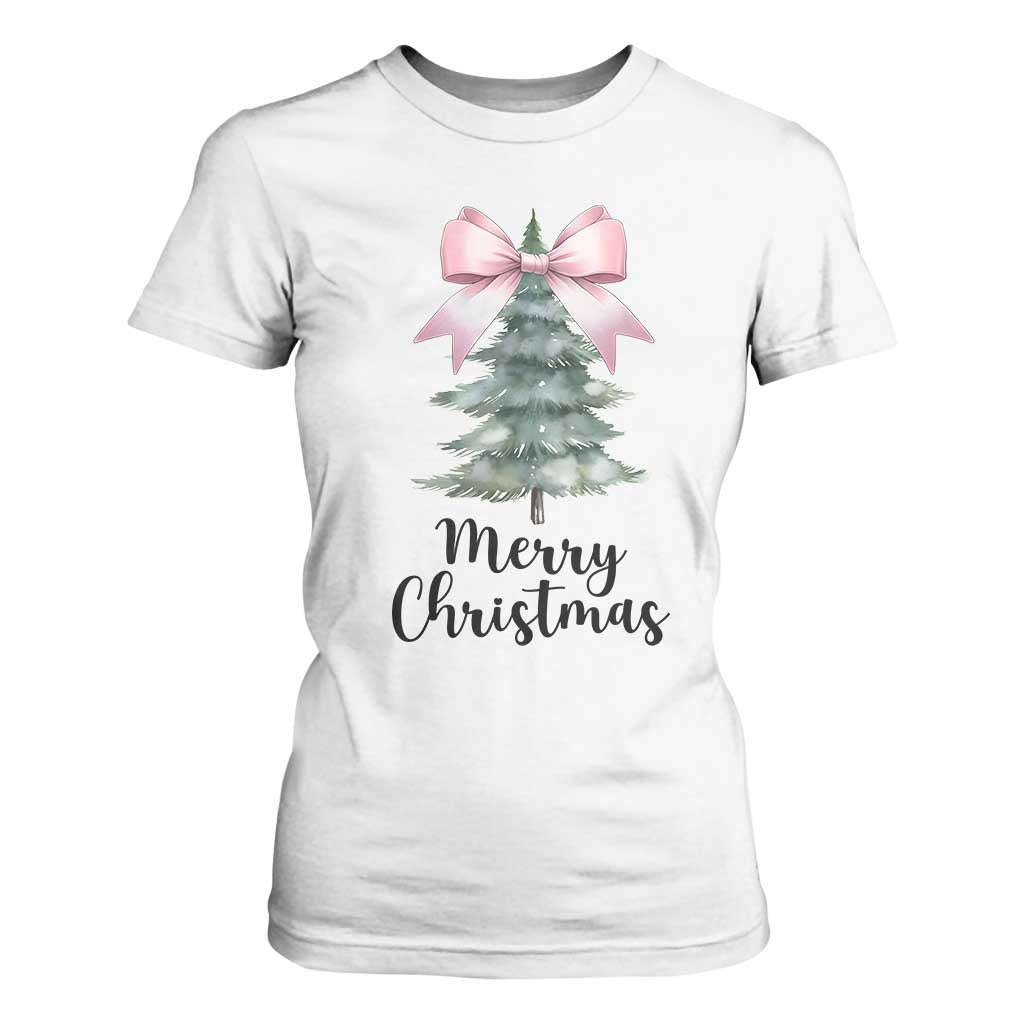 Funny Coquette Merry Christmas T Shirt For Women Pink Bow Xmas Tree TS11 White Print Your Wear
