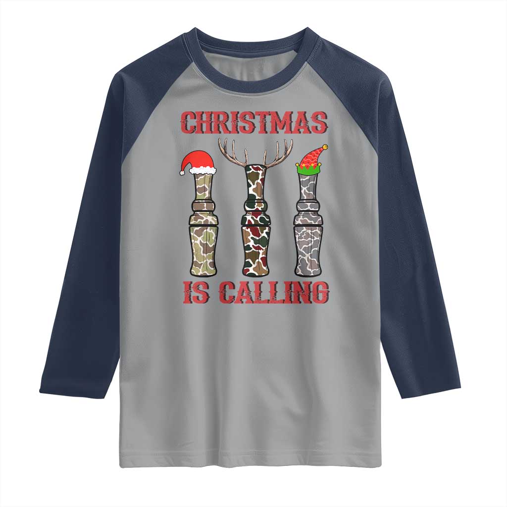 Funny Christmas Hunting Raglan Shirt Christmas Is Calling Camouflage Hunting Whistle TS11 Sport Gray Navy Print Your Wear