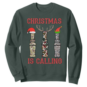 Funny Christmas Hunting Sweatshirt Christmas Is Calling Camouflage Hunting Whistle TS11 Dark Forest Green Print Your Wear