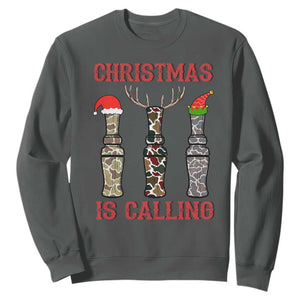 Funny Christmas Hunting Sweatshirt Christmas Is Calling Camouflage Hunting Whistle TS11 Dark Heather Print Your Wear