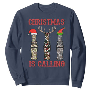 Funny Christmas Hunting Sweatshirt Christmas Is Calling Camouflage Hunting Whistle TS11 Navy Print Your Wear