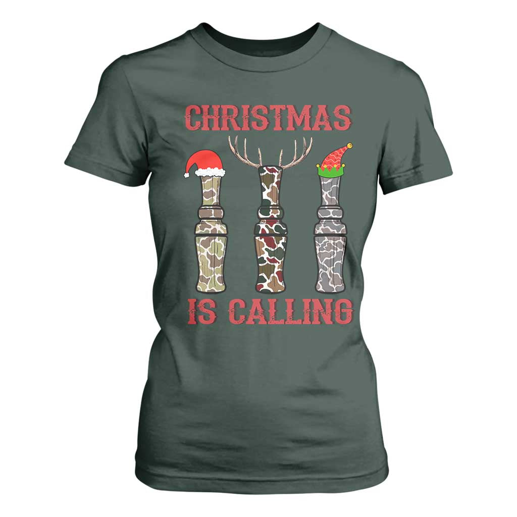 Funny Christmas Hunting T Shirt For Women Christmas Is Calling Camouflage Hunting Whistle TS11 Dark Forest Green Print Your Wear